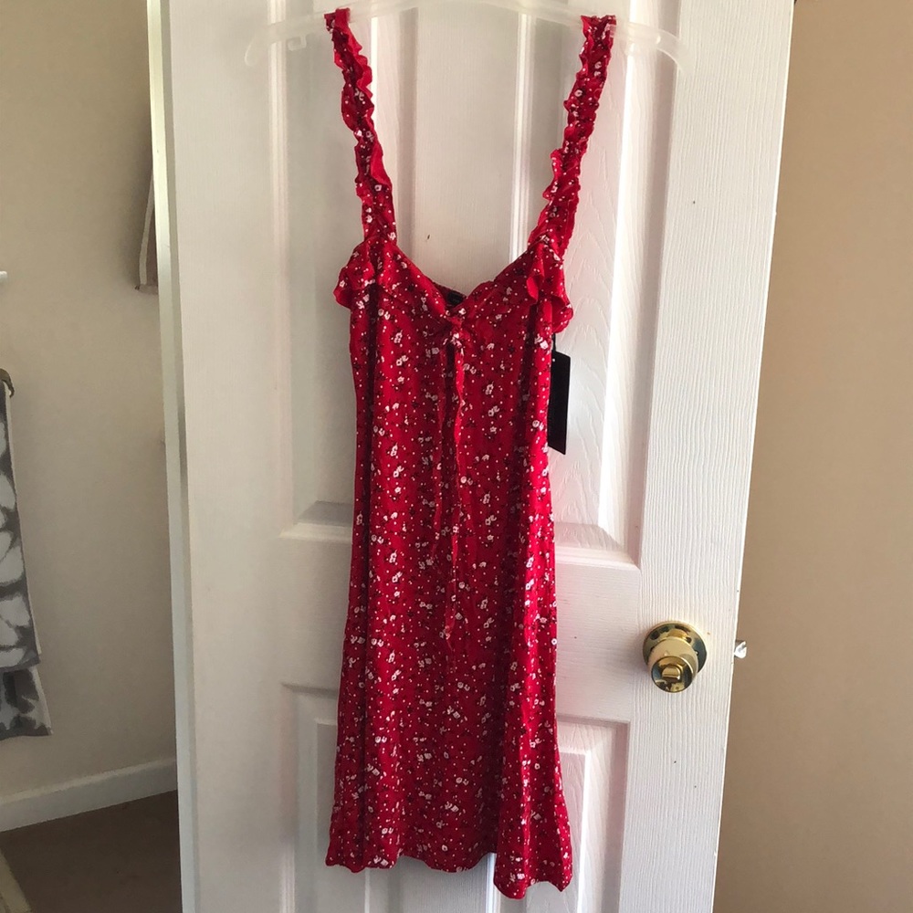 Pretty Little Thing Red Ditsy Floral Print Frill Detail Shift Dress
